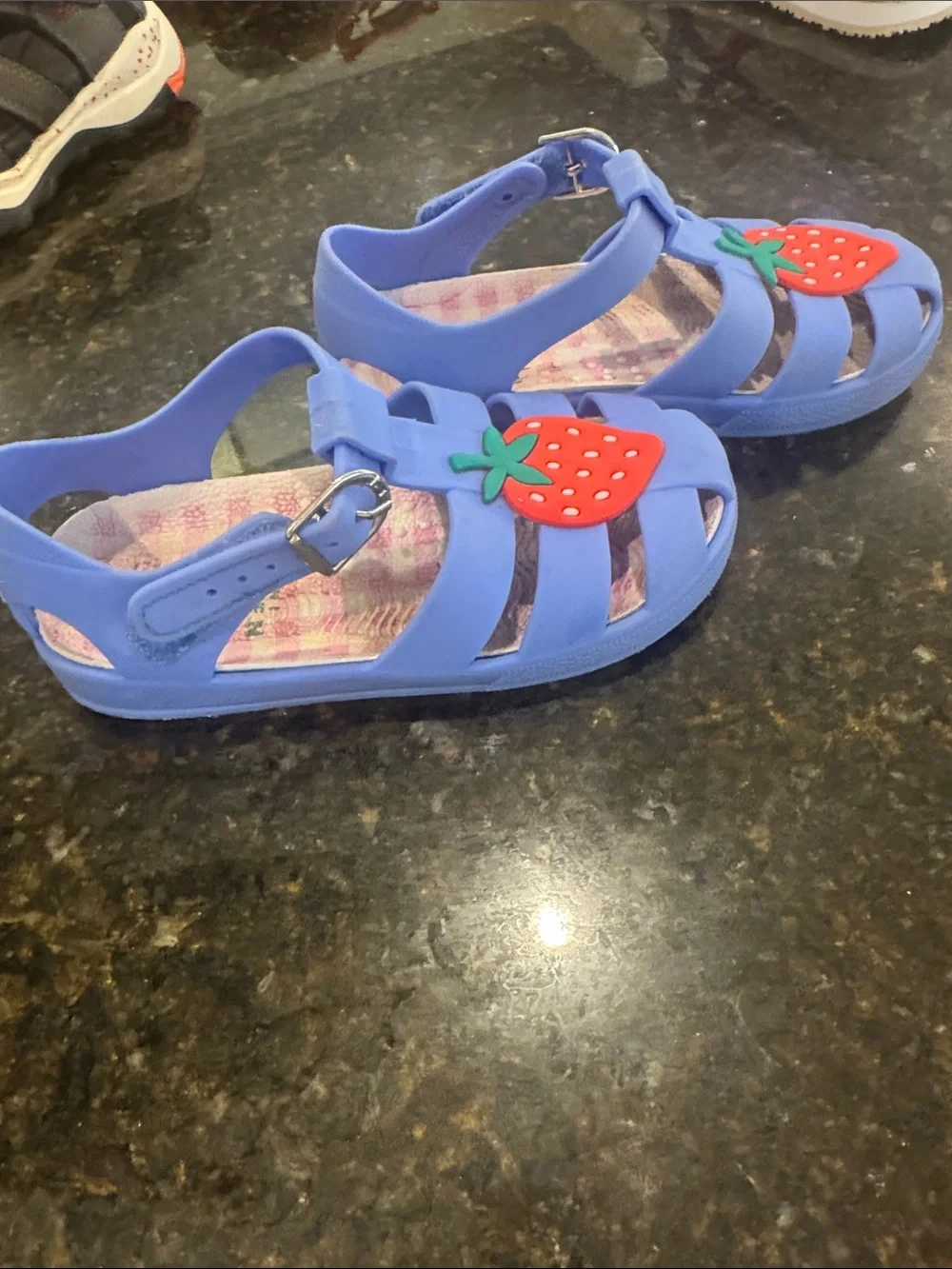 Boden Blue Jelly Sandals with Red Strawberry Appliqués